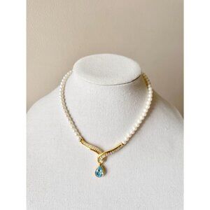 Vintage VENDOME Pearl Gold Tone Pave Rhinestone Aquamarine Drop Pendant Necklace